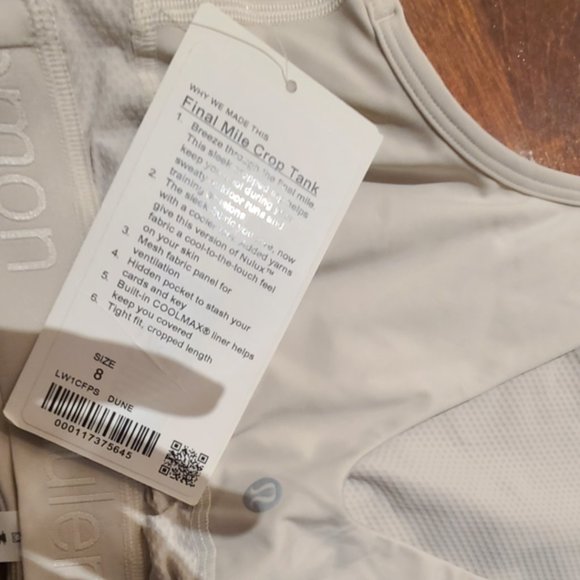 NWT Lululemon Final Mile Crop Tank color dune, size 8 - Picture 4 of 4